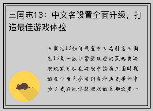 三国志13：中文名设置全面升级，打造最佳游戏体验